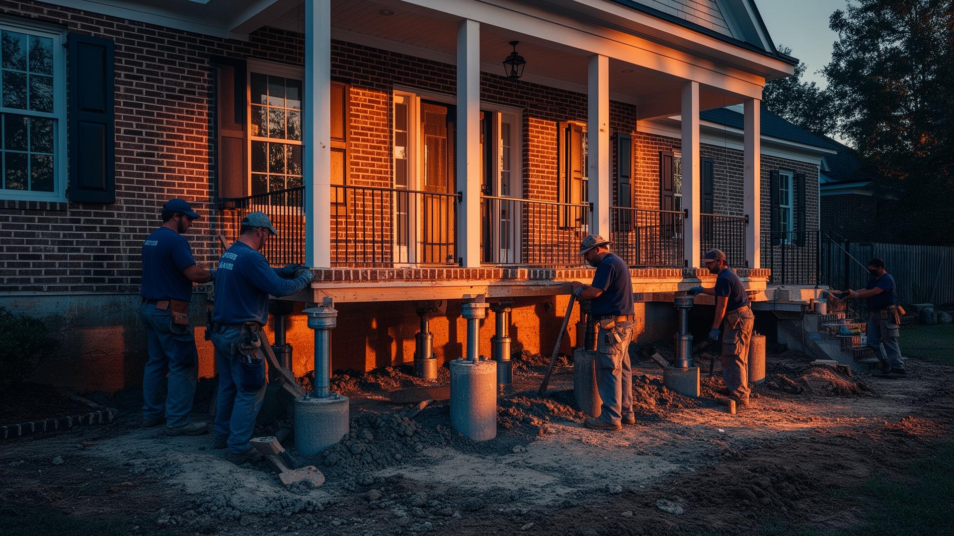 Foundation repair crew installing steel piers on a brick home in Huntsville Alabama